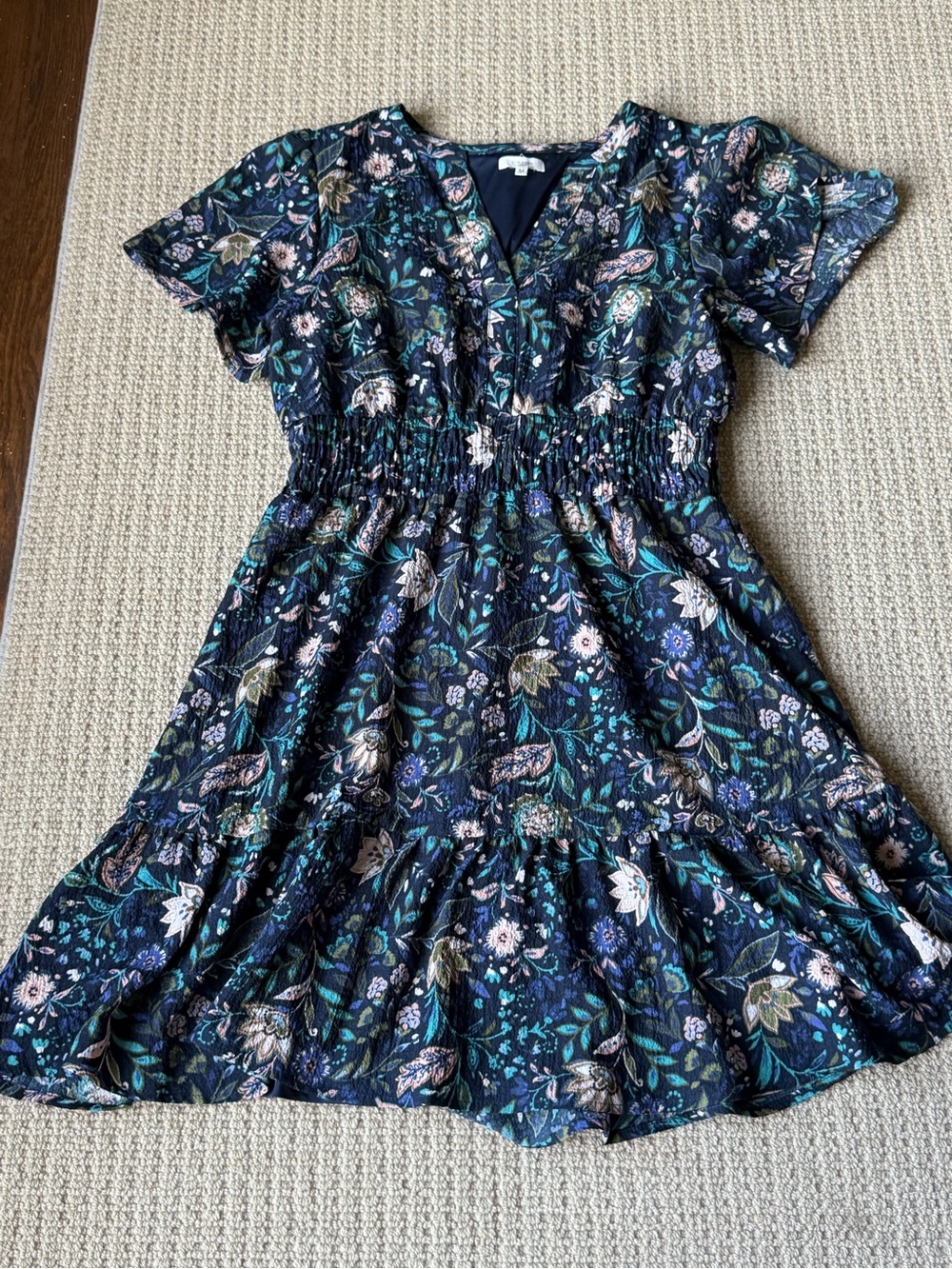 Maurices Navy Floral Smocked Waist Short Sleeve Dress